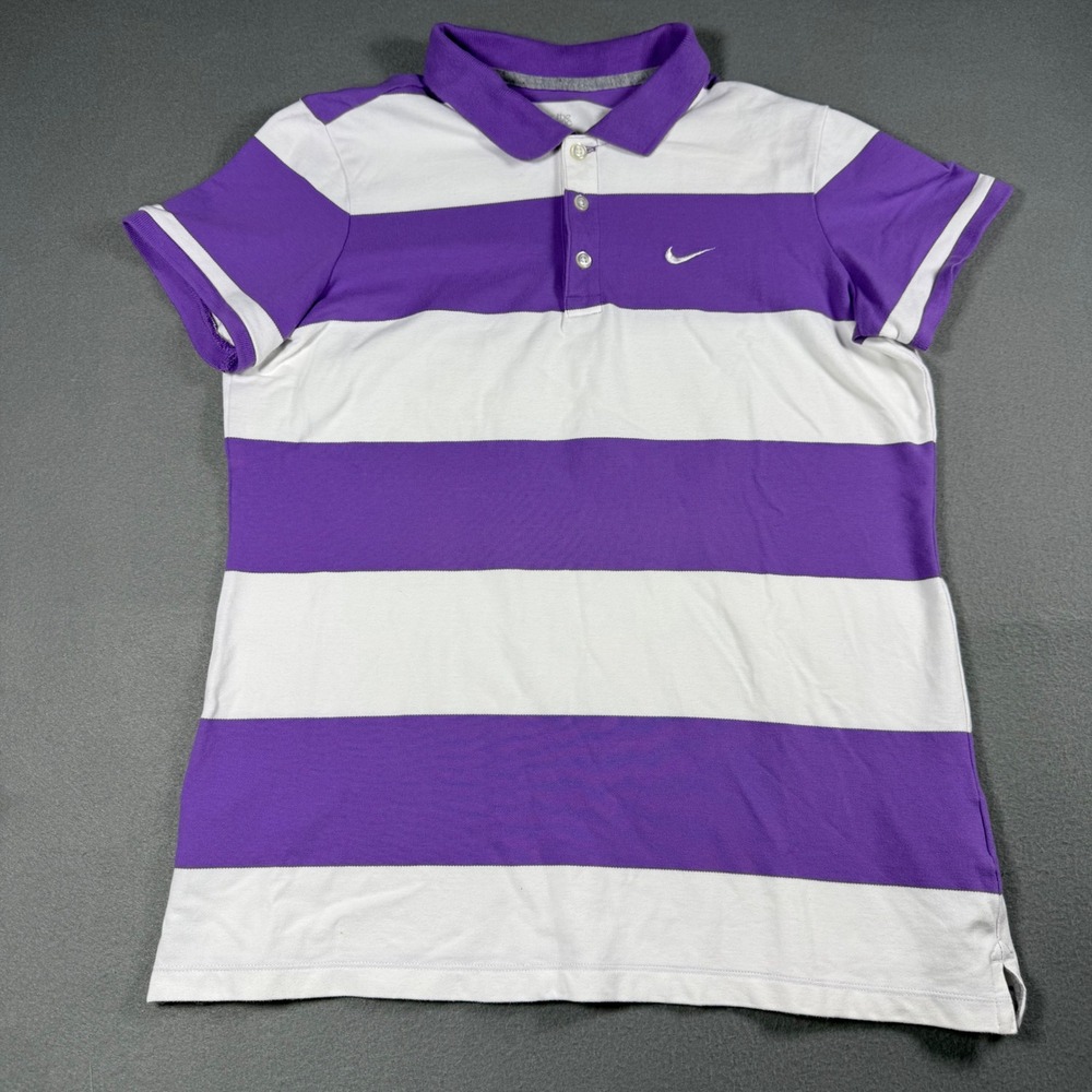 Nike Womens Polo Shirt XL Purple White Striped Cotton Blend Short Sleeve Swoosh